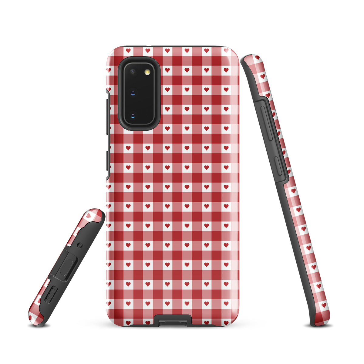 Phone Case for Samsung Galaxy with red gingham heart pattern, red hearts design; durable, stylish, and playful accessory.