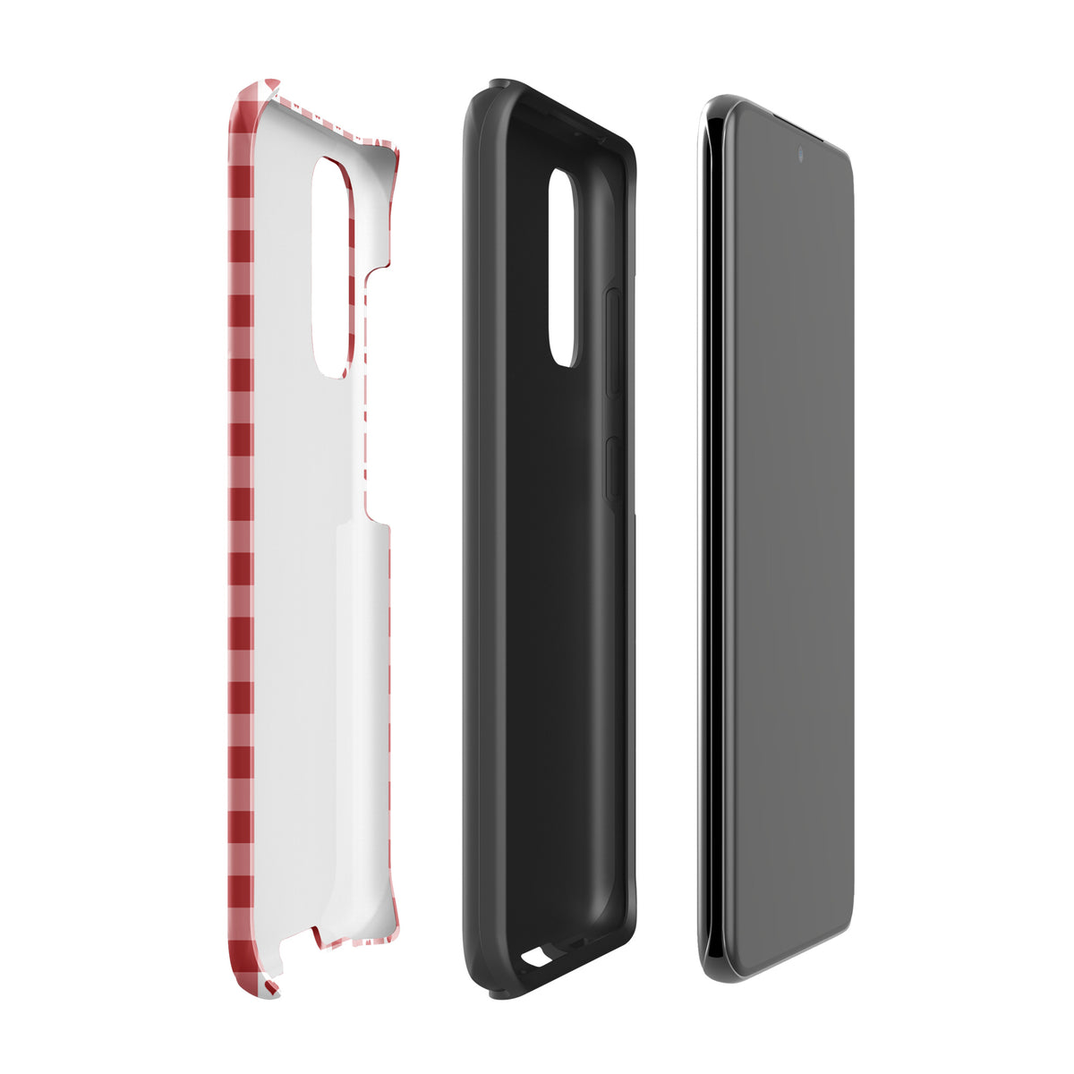 Phone Case for Samsung Galaxy with red gingham heart pattern in three pieces, showcasing durable and stylish design.