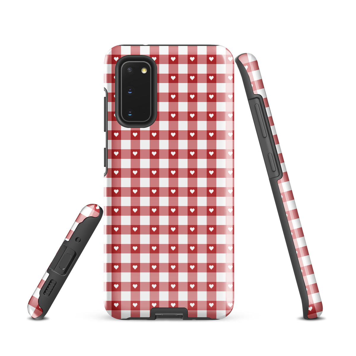 Phone Case with red and white gingham pattern and hearts for Samsung Galaxy, offering style and protection.