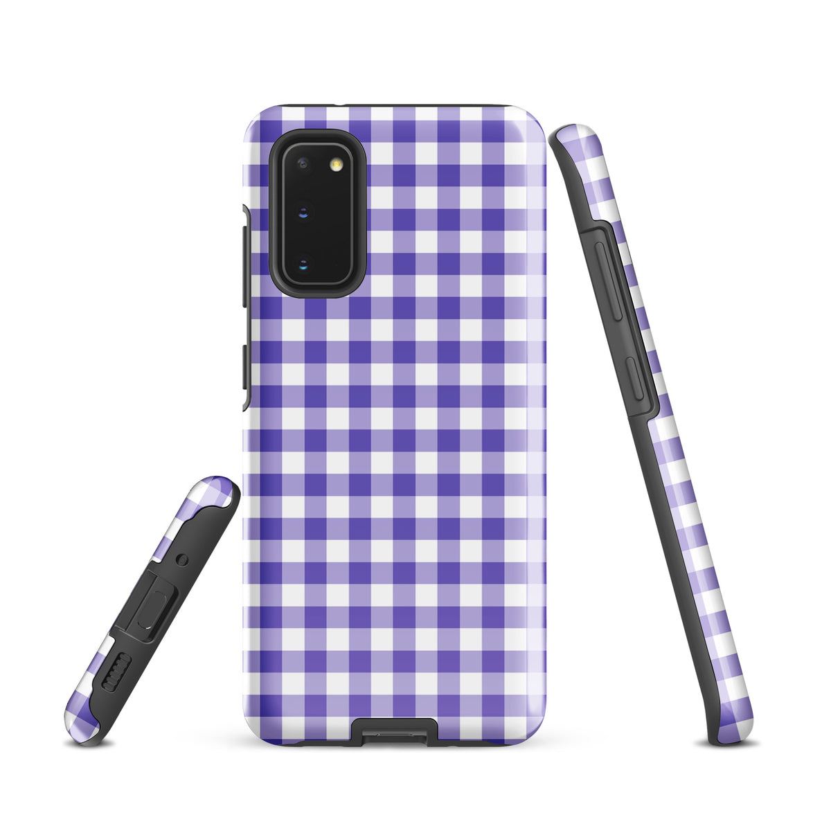 Phone case with purple and white gingham pattern for Samsung Galaxy, stylish and durable design emphasizing protection and luxury.