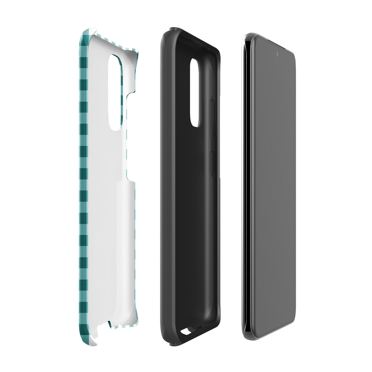 Phone Case for Samsung Galaxy in teal and white gingham pattern, showcasing style and durability with protective inner lining.