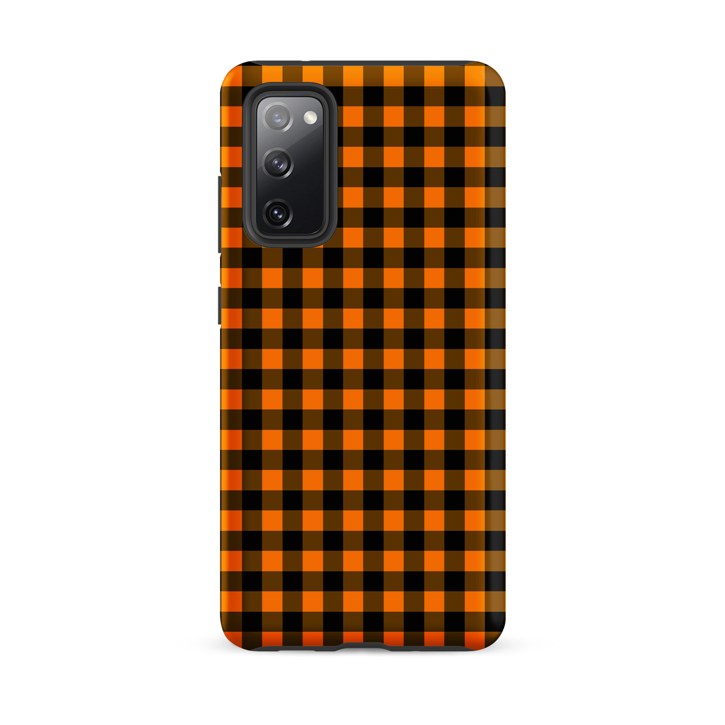 Black-and-orange gingham phone case for Samsung Galaxy with autumn theme design.