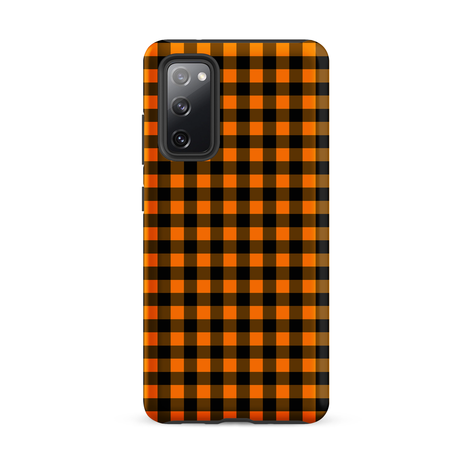 Black-and-orange gingham phone case for Samsung Galaxy with autumn theme design.