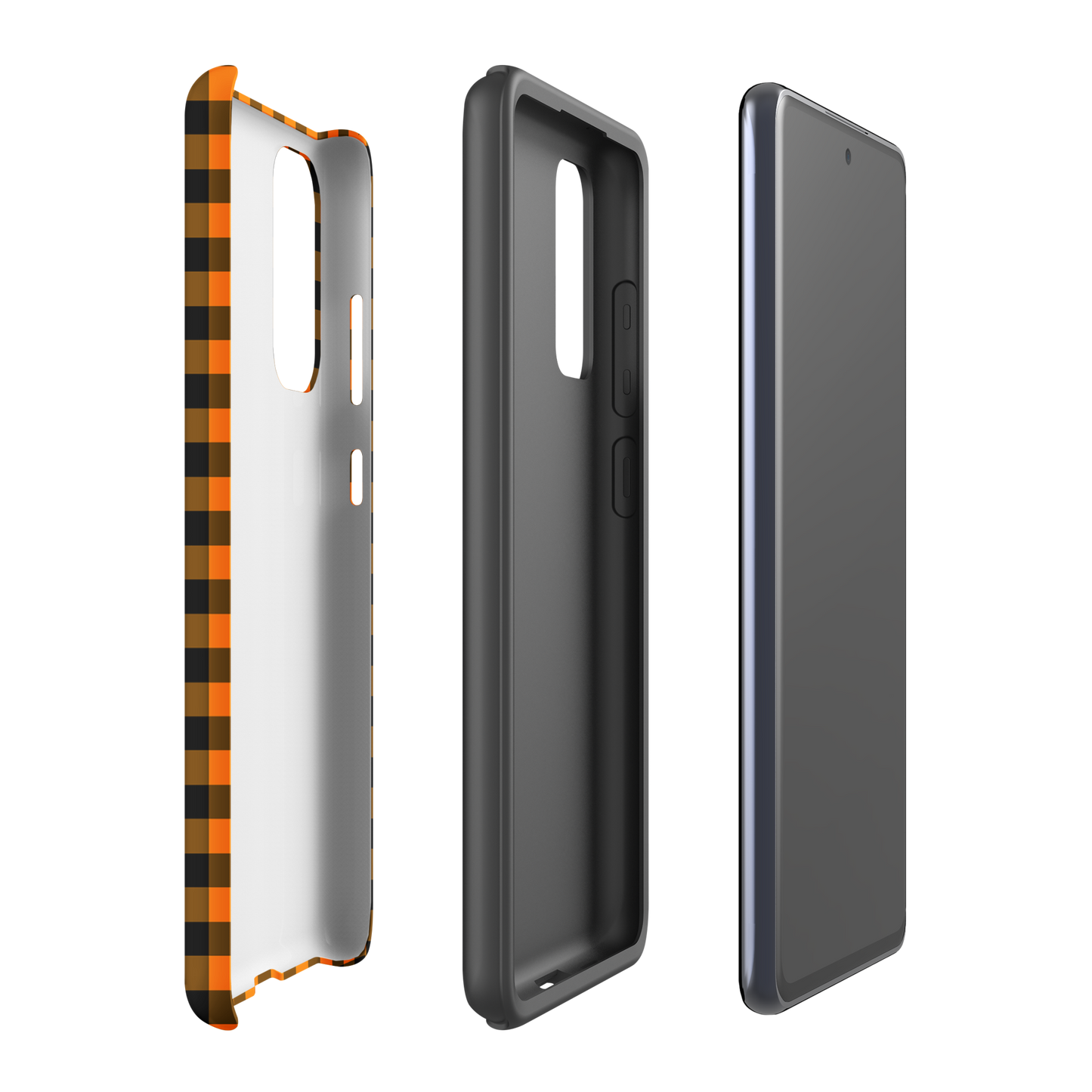 phone case for Samsung Galaxy with black-and-orange gingham Autum theme design, shown alongside inner linings and phone.