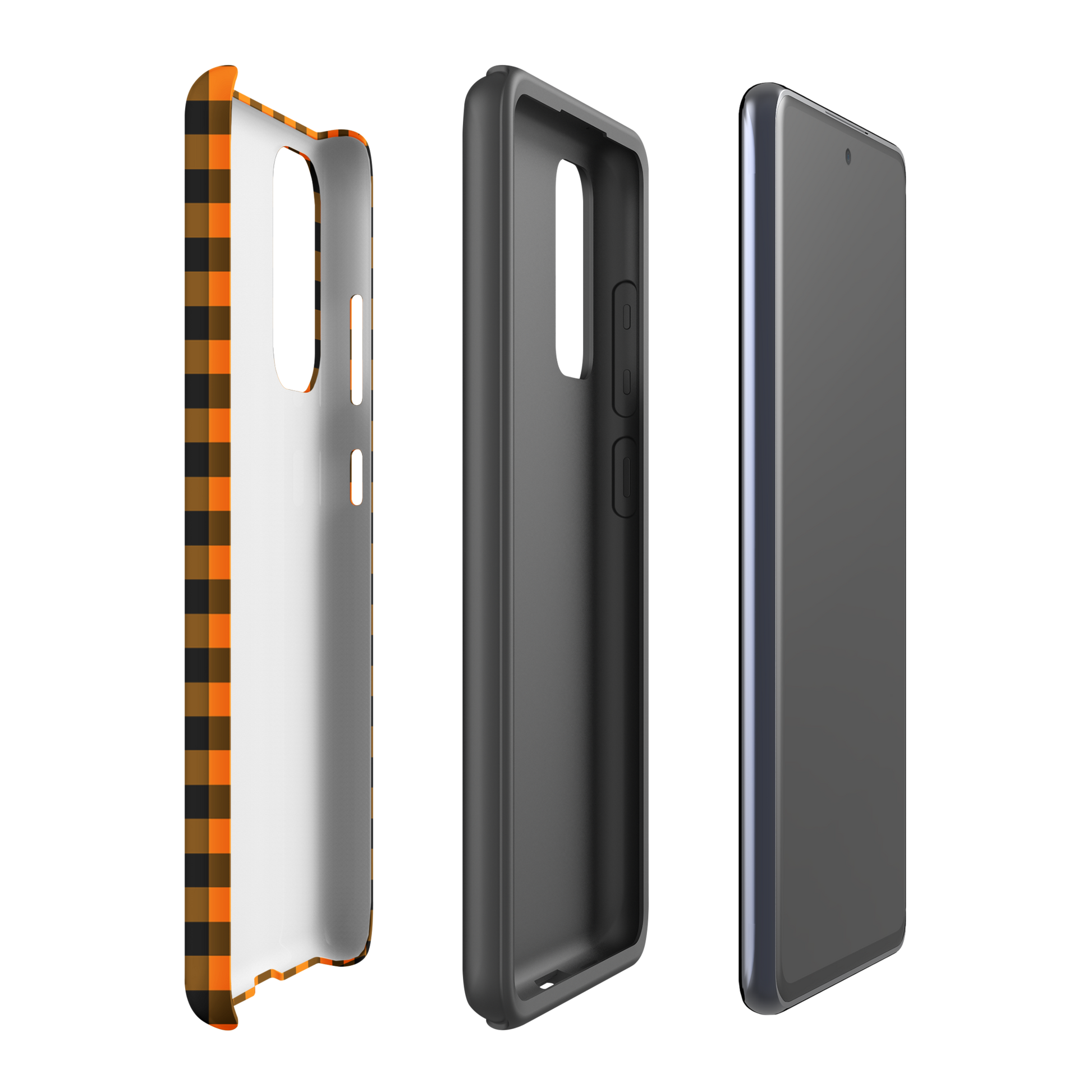 phone case for Samsung Galaxy with black-and-orange gingham Autum theme design, shown alongside inner linings and phone.