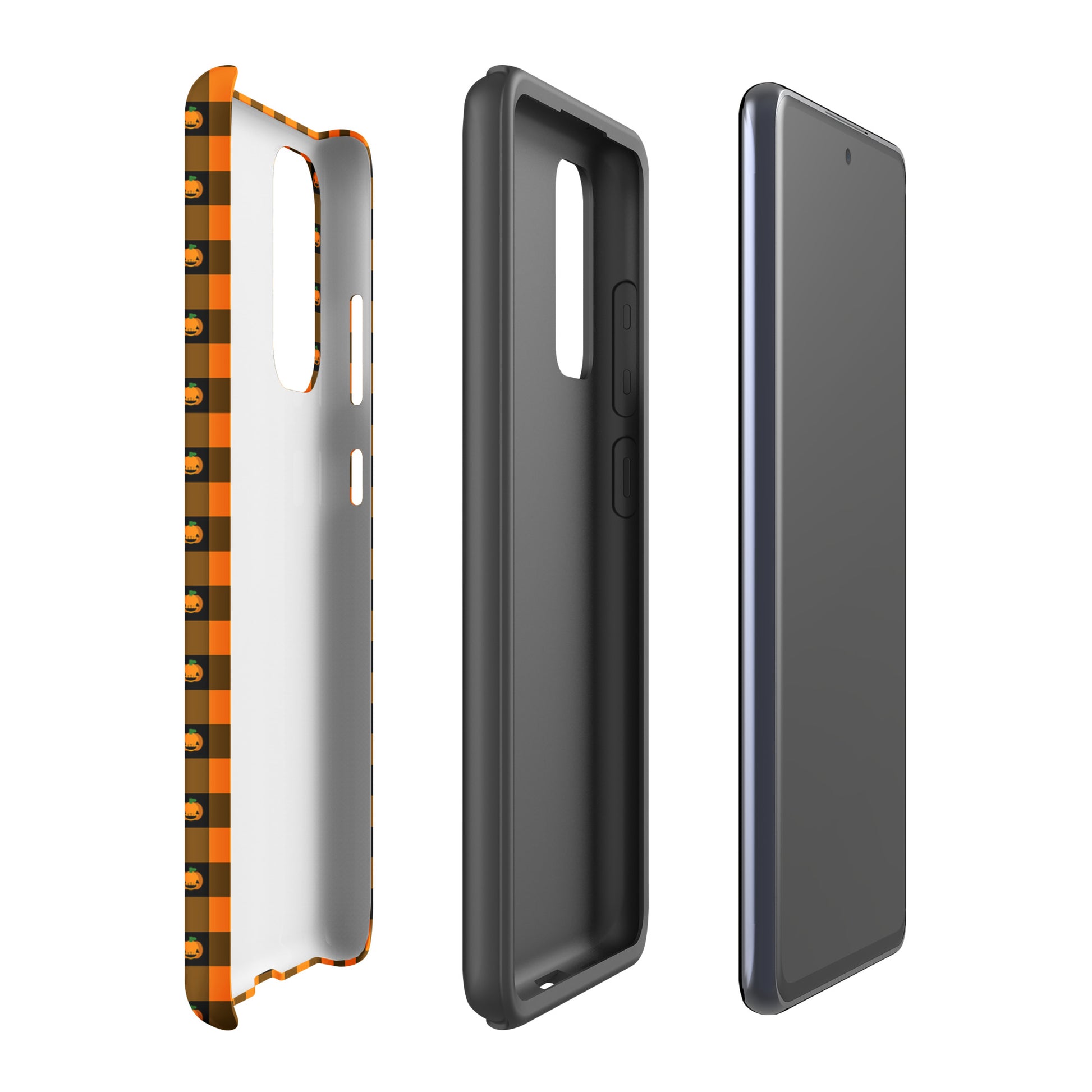 Phone Case for Samsung Galaxy with playful pumpkin gingham Halloween design, featuring jack-o’-lanterns for festive charm.