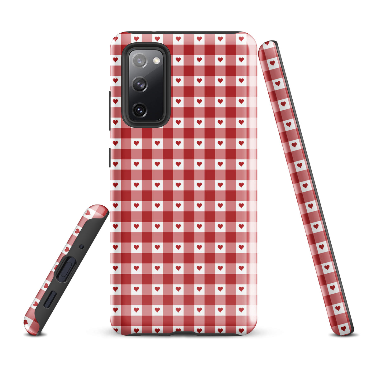 Phone Case for Samsung Galaxy with red gingham heart pattern, stylish and durable for chic device accessory.