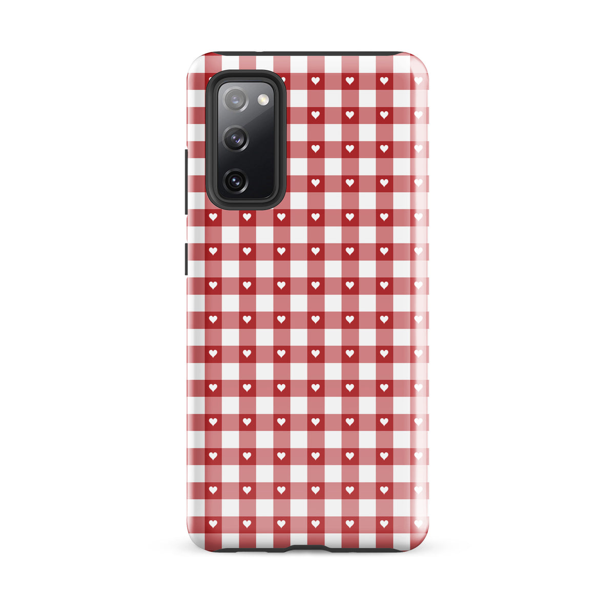 Phone Case for Samsung Galaxy with red and white gingham pattern featuring white hearts, combining style and protection.