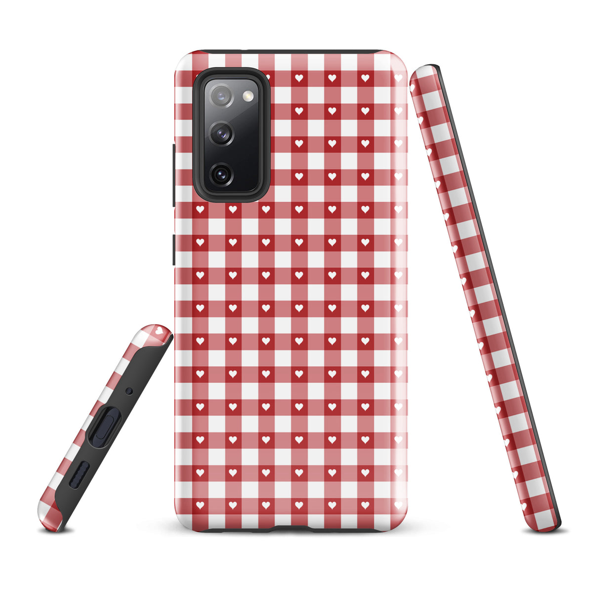 Phone Case for Samsung Galaxy with red and white gingham pattern and hearts, stylish and durable protection.