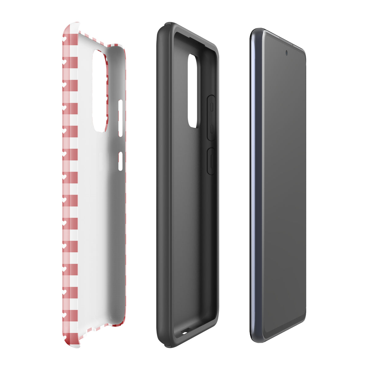 Phone Case for Samsung Galaxy with red and white gingham pattern and hearts, shown in three parts for style and protection.