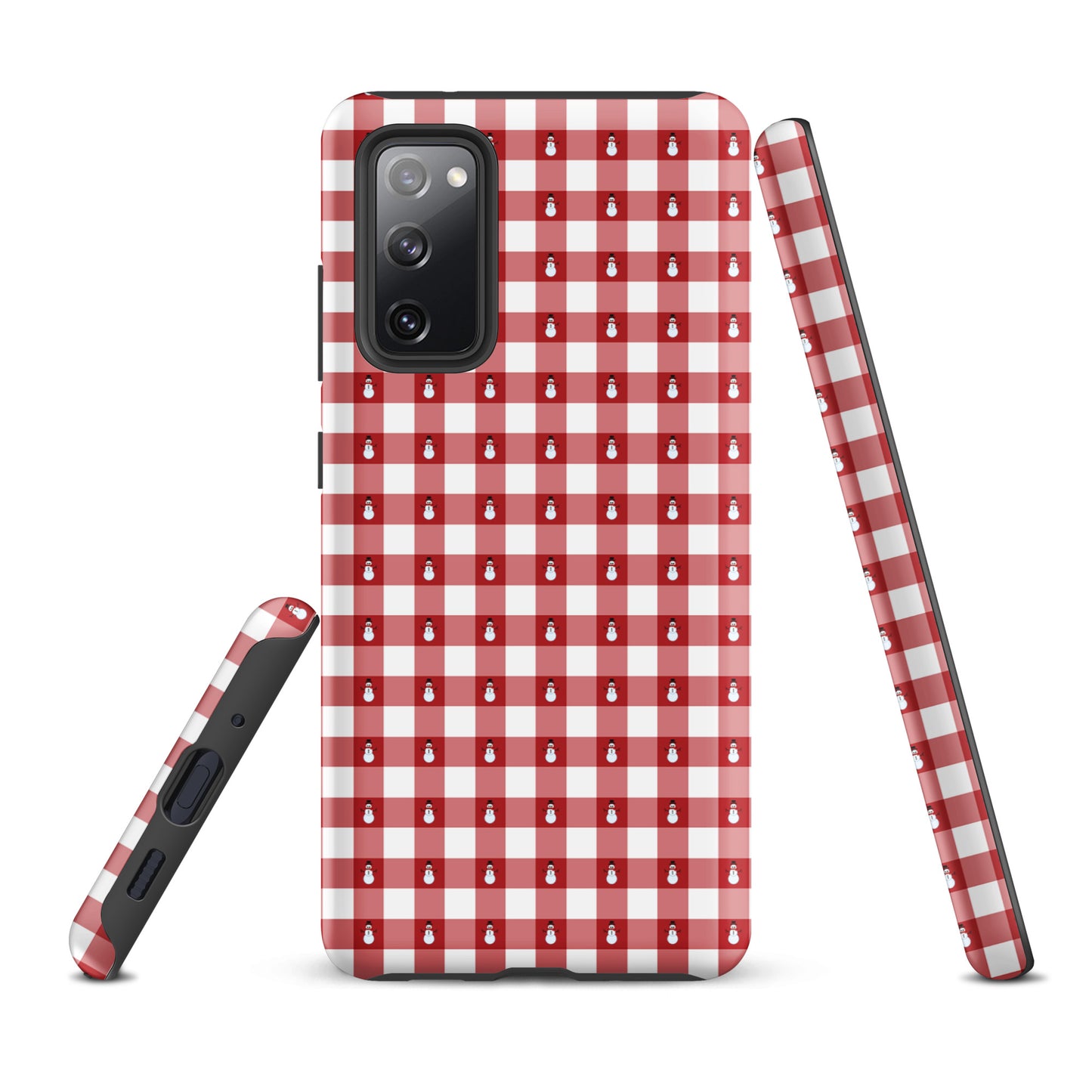 Phone Case for Samsung Galaxy with red gingham pattern and snowmen, winter design for holiday cheer and device protection.