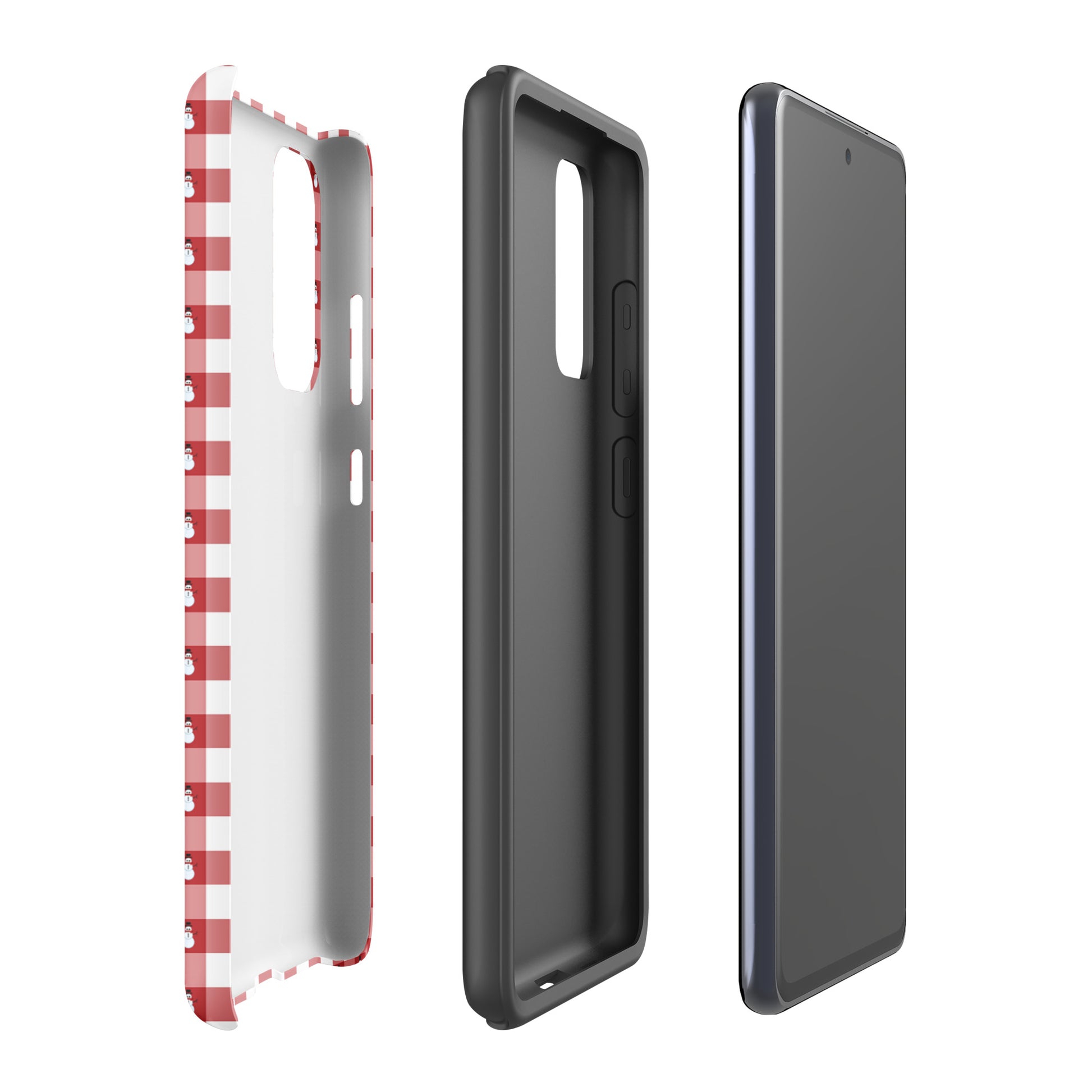 Phone Case for Samsung Galaxy with snowman gingham winter design, showcasing protective layers and festive red-and-white pattern.