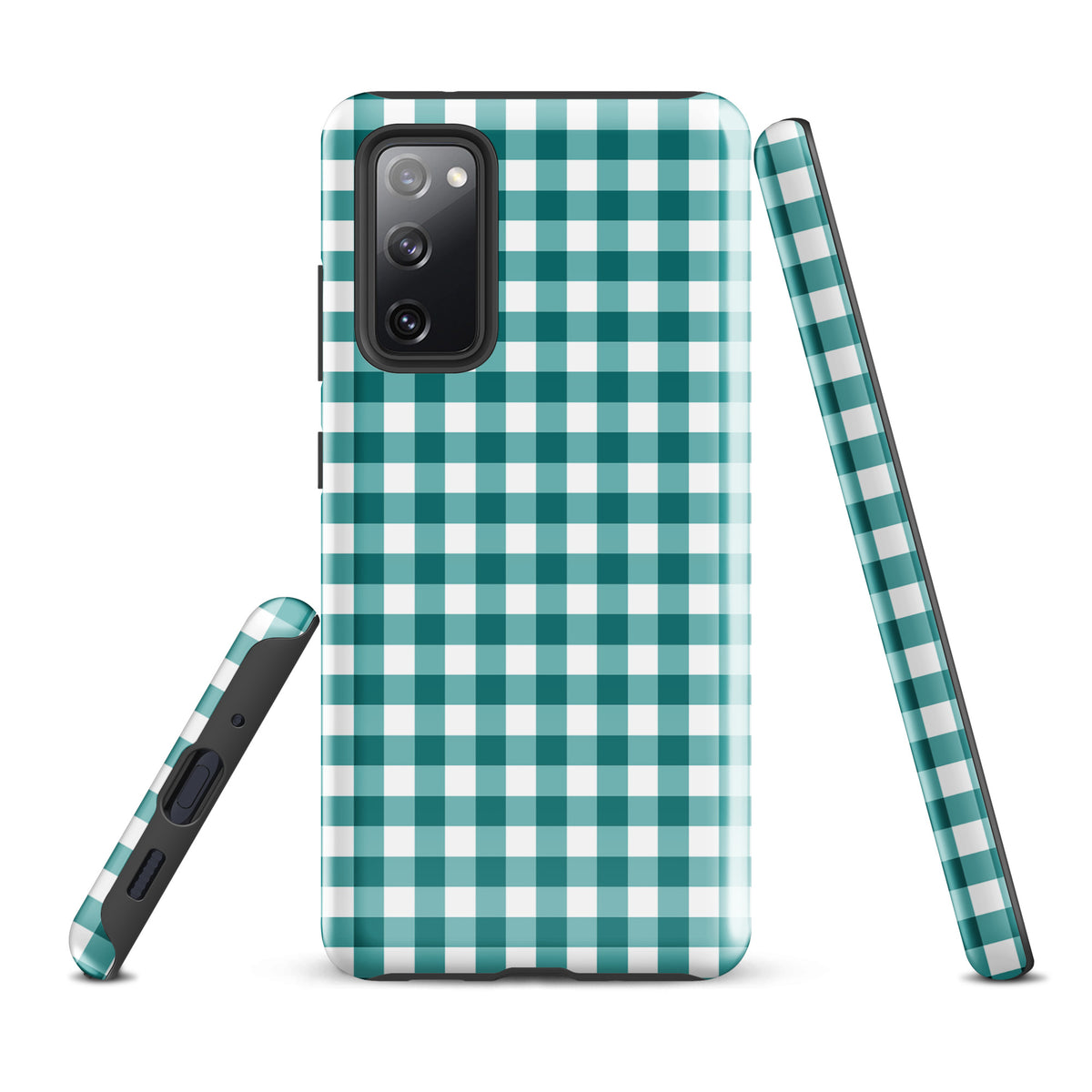 Phone Case for Samsung Galaxy in teal and white gingham pattern, stylish and durable, offering protection with chic design.