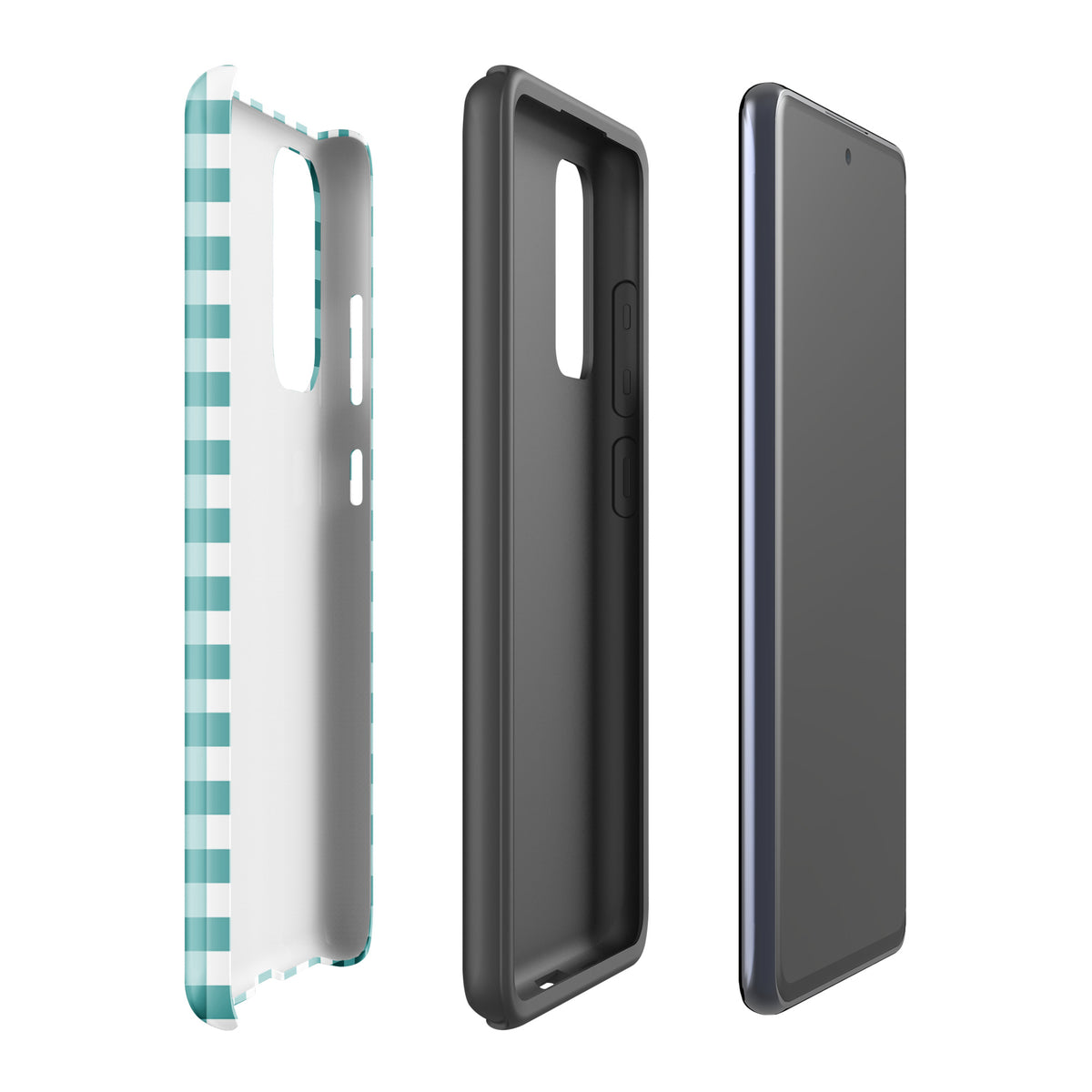 Phone Case for Samsung Galaxy with teal and white gingham pattern showing separate layers and protection design.