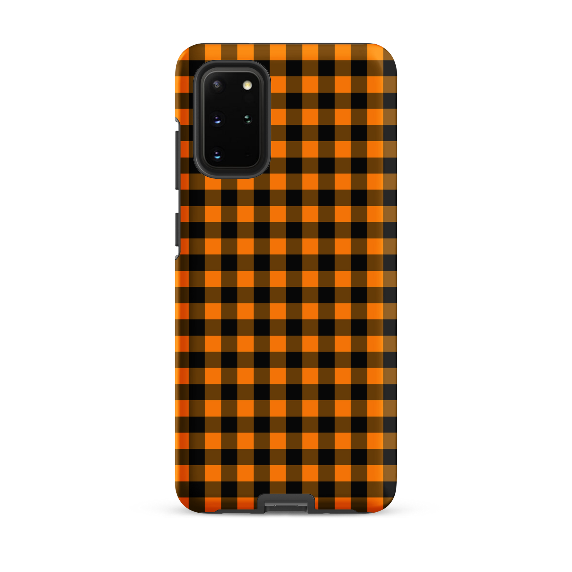 phone case for Samsung Galaxy with black-and-orange gingham autumn design, chic and durable accessory.