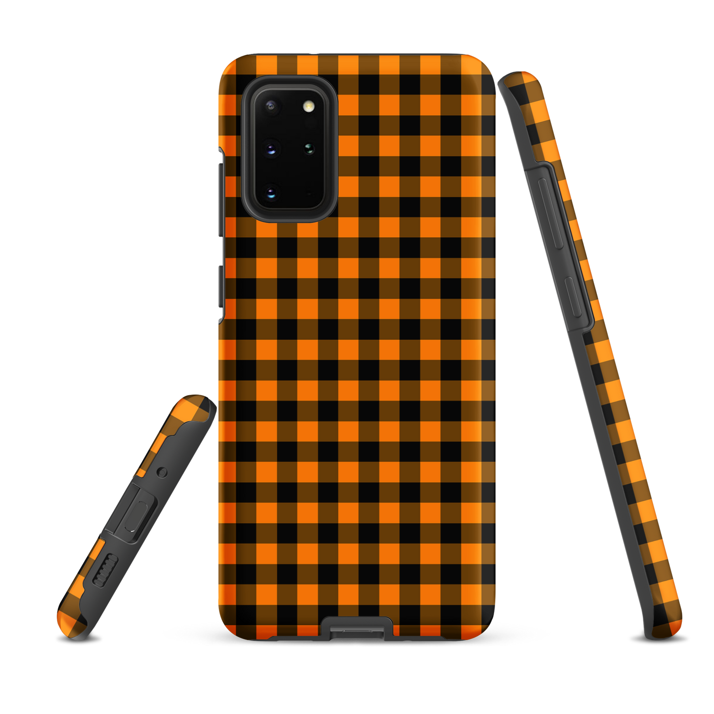 Black-and-orange gingham phone case for Samsung Galaxy with autumn theme, offering style and durability.
