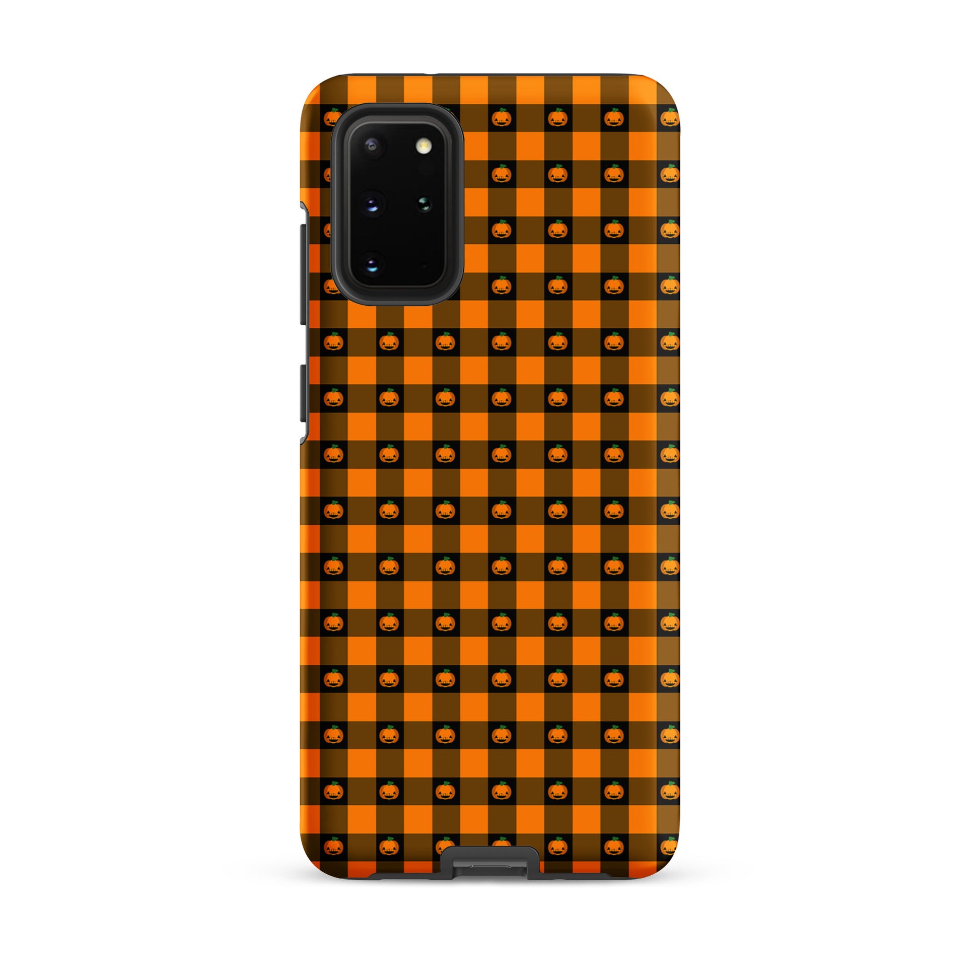 Phone Case for Samsung Galaxy with playful pumpkin gingham Halloween design, festive jack-o'-lantern pattern in orange and black.