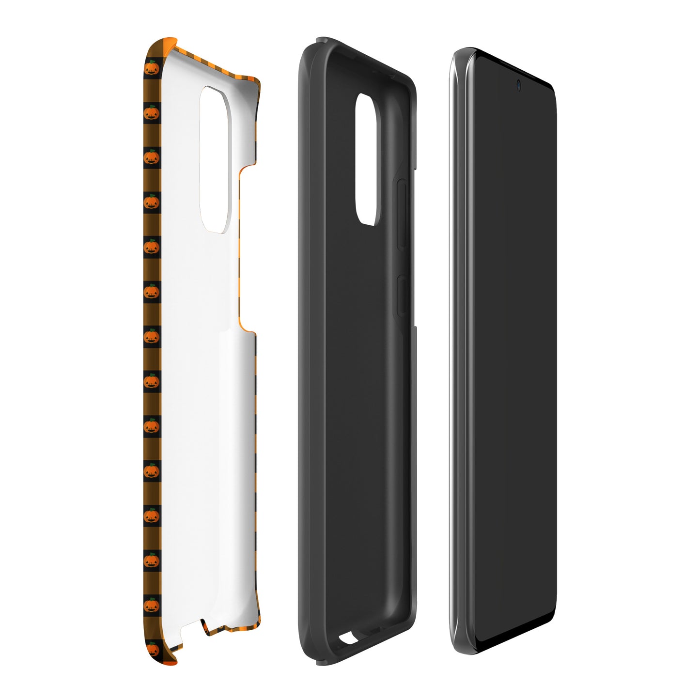 Phone Case for Samsung Galaxy featuring playful pumpkin gingham Halloween design with jack-o’-lantern faces.