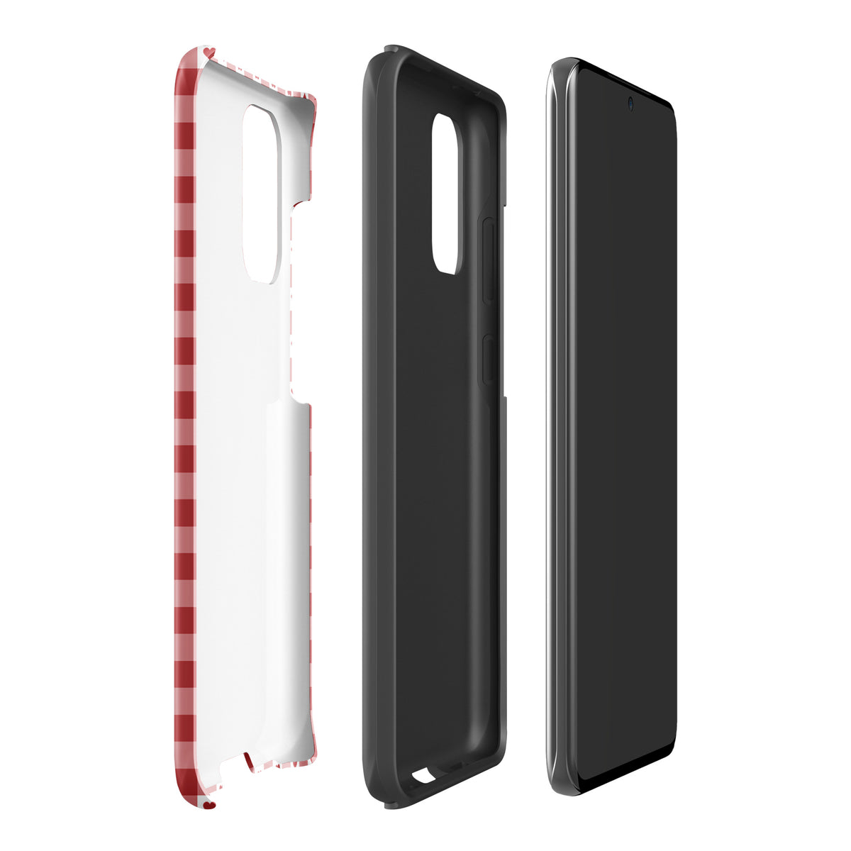 Phone Case for Samsung Galaxy with red gingham and heart pattern, showcasing sleek protective design