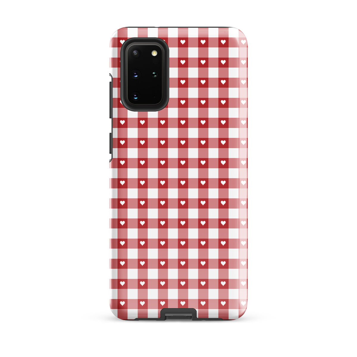 Phone Case for Samsung Galaxy with red and white gingham pattern and white hearts, combining style and protection.