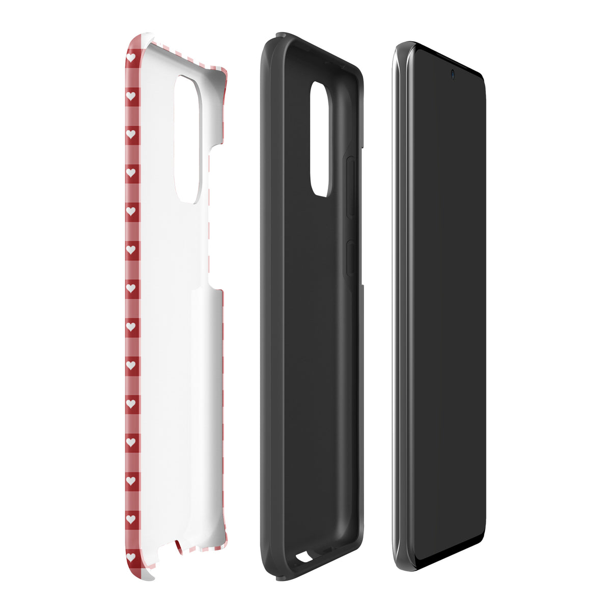 Phone Case for Samsung Galaxy in red gingham with white hearts, showcasing stylish protection.