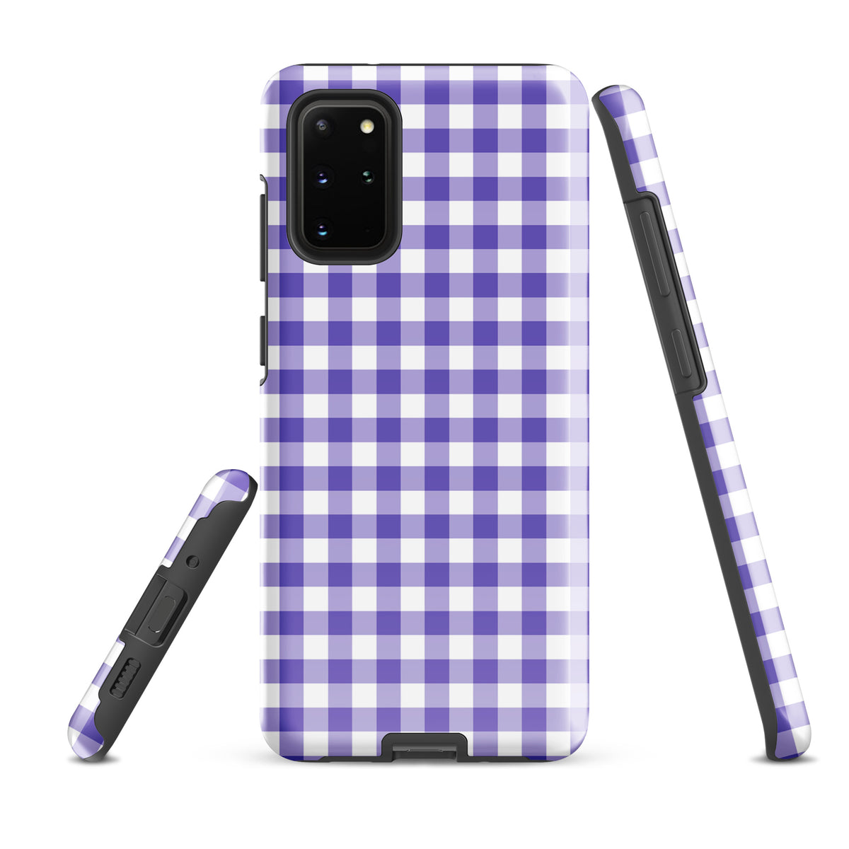 Phone case in purple and white gingham pattern for Samsung Galaxy, offering style and protection.