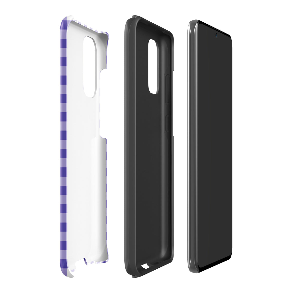 Phone case for Samsung Galaxy with purple and white gingham pattern, showing style and protection in three-piece design.