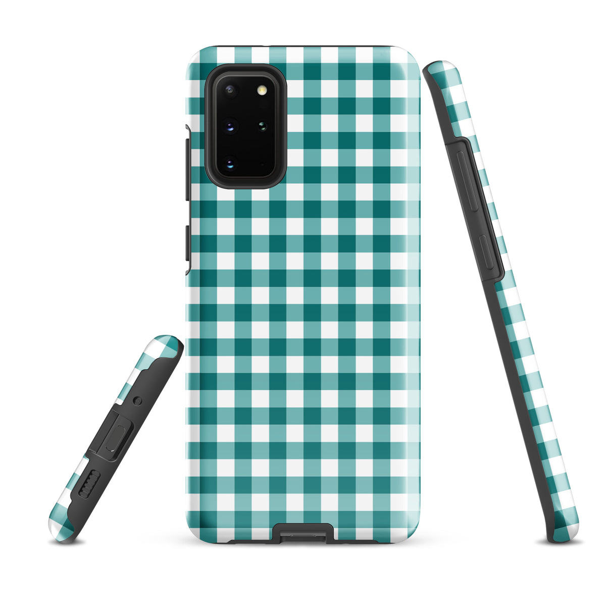 Phone Case for Samsung Galaxy with teal and white gingham pattern, stylish modern design offering chic accessory and durable protection.