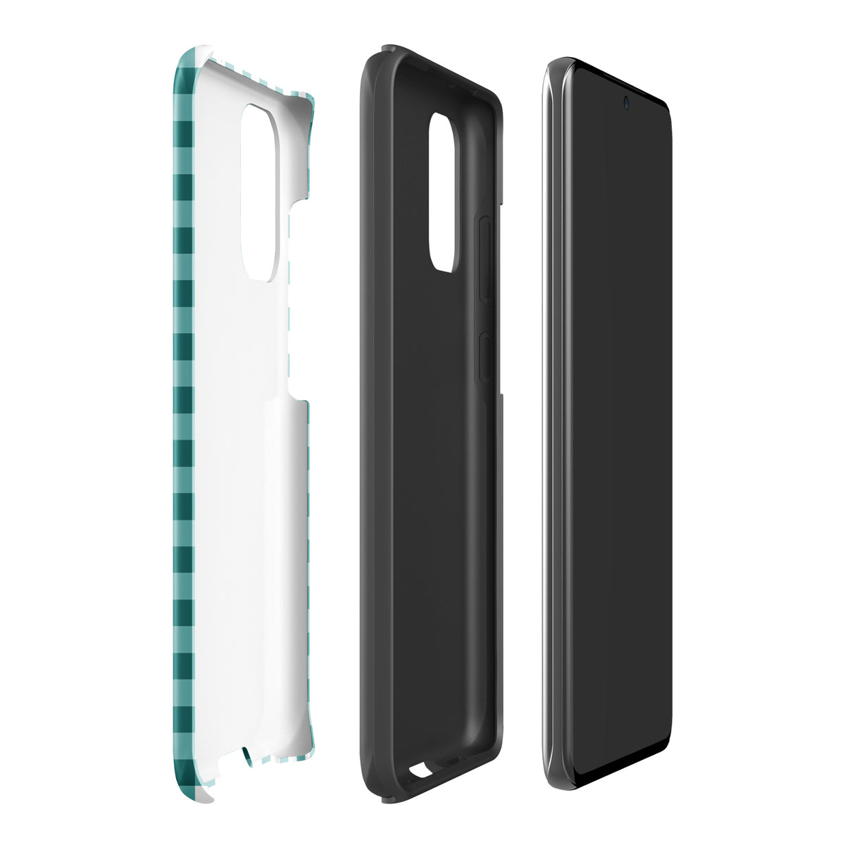 Phone Case for Samsung Galaxy with teal and white gingham pattern, offering style and protection, shown in three separate sections.