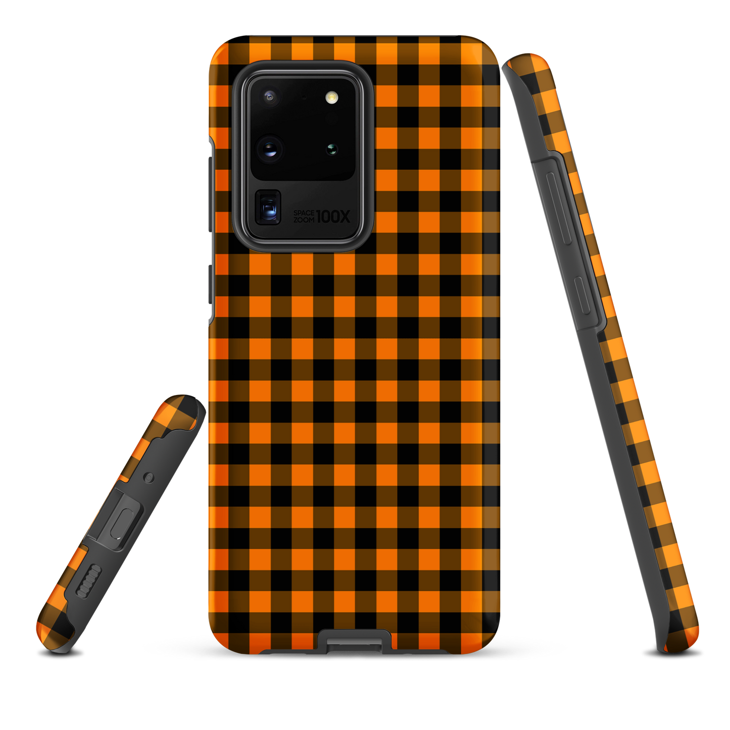 Black-and-orange gingham phone case for Samsung Galaxy with autumn theme, showcasing durable and chic accessory design.