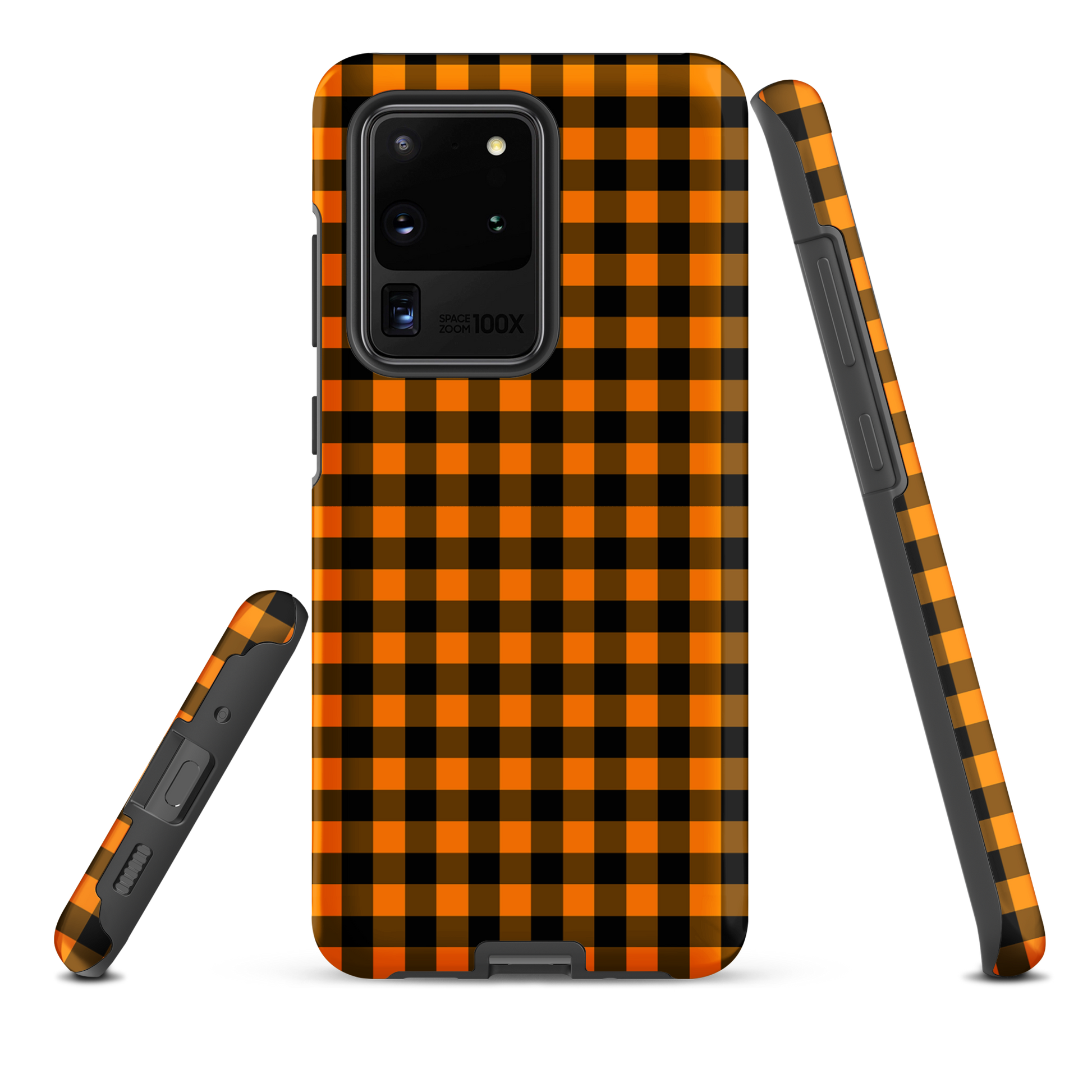 Black-and-orange gingham phone case for Samsung Galaxy with autumn theme, showcasing durable and chic accessory design.