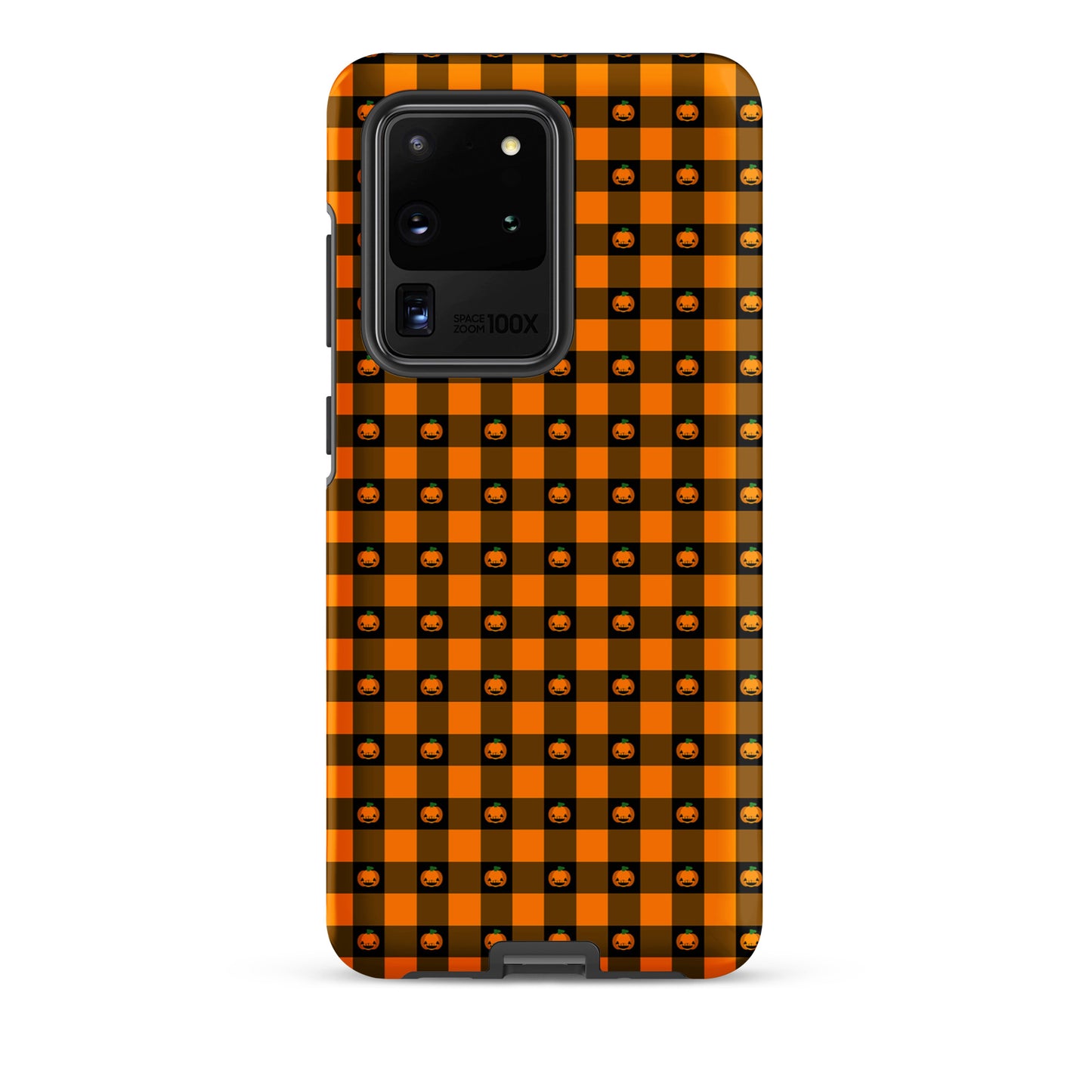 Phone Case for Samsung Galaxy with playful pumpkin gingham Halloween design, featuring jack-o'-lanterns on an orange and black checkered background.