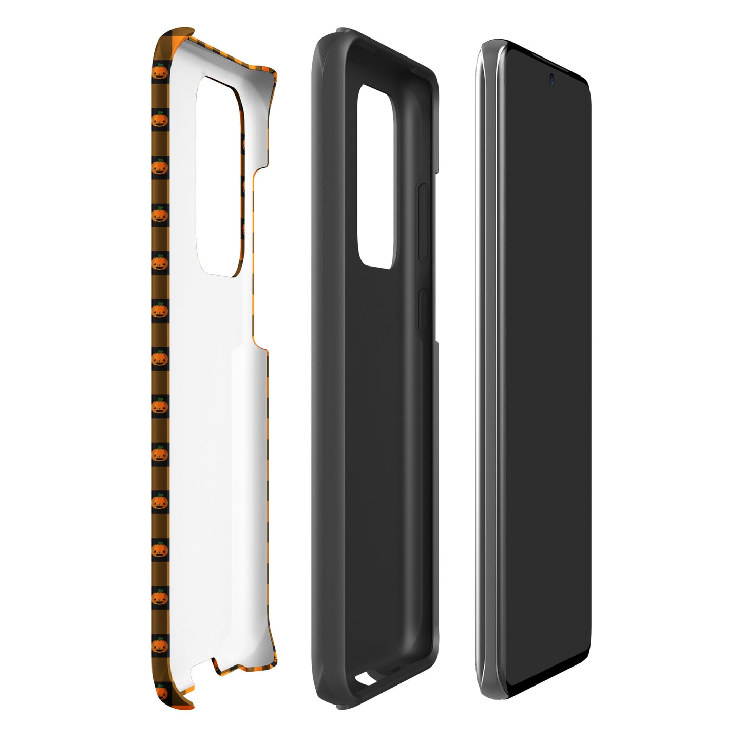 Phone Case for Samsung Galaxy with gingham pumpkin Halloween design, showing interior and exterior views