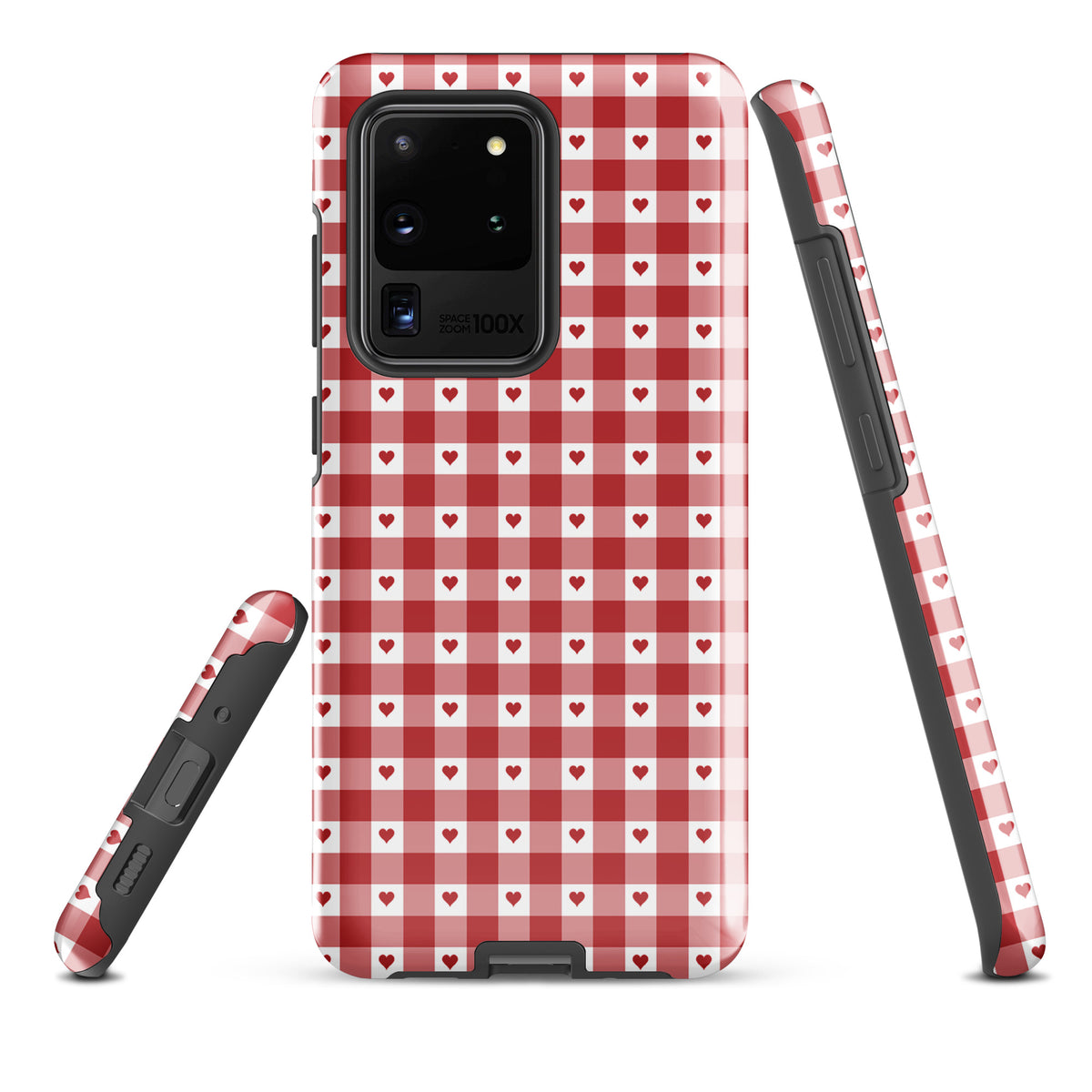 Phone Case for Samsung Galaxy with red gingham heart pattern, stylish and durable design for modern chic accessory lovers.