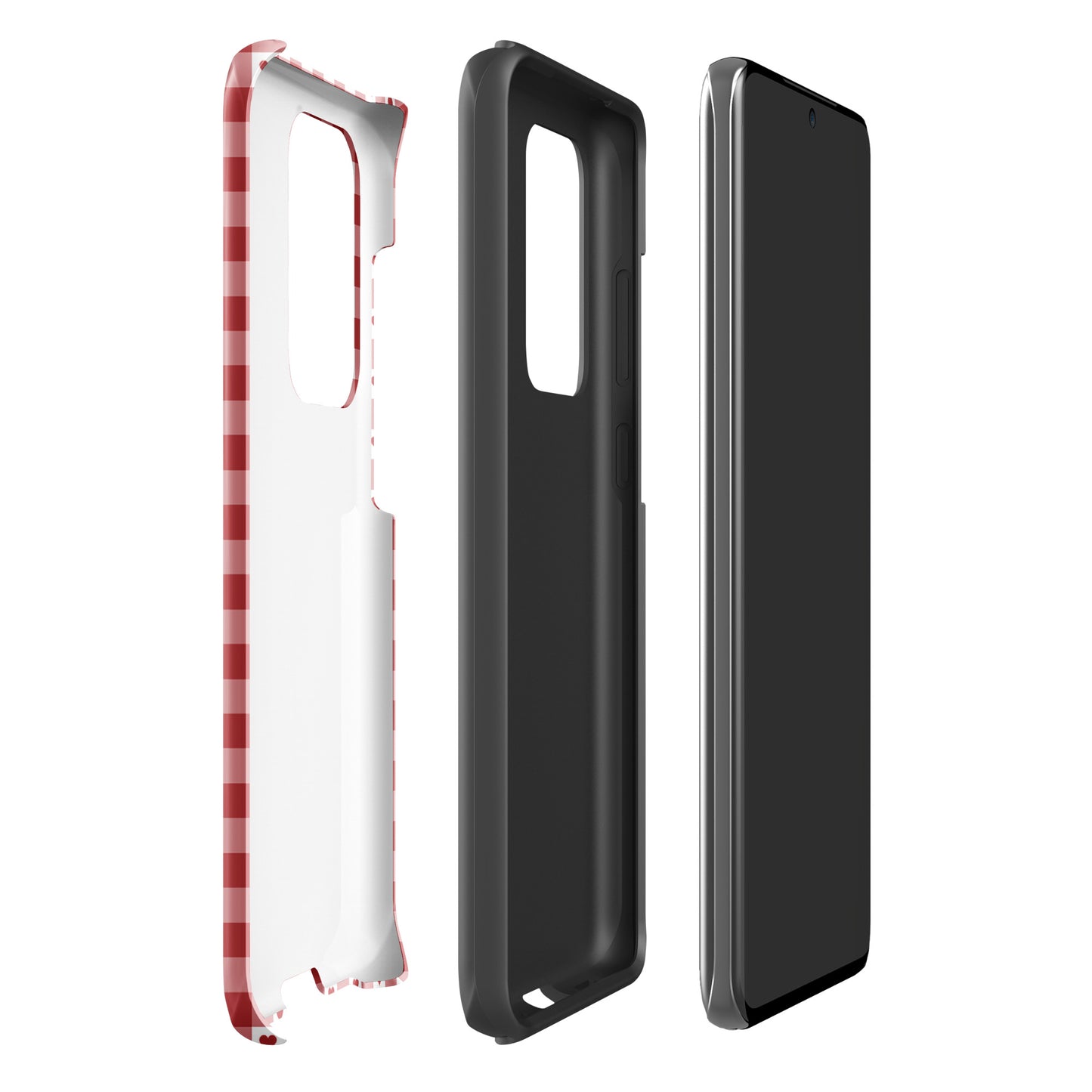 Phone Case for Samsung Galaxy with red gingham heart pattern in protective layers shown separately.