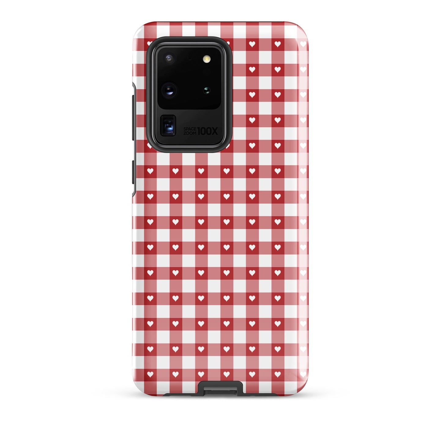 Phone Case for Samsung Galaxy with red and white gingham pattern and white hearts, blending style and protection.