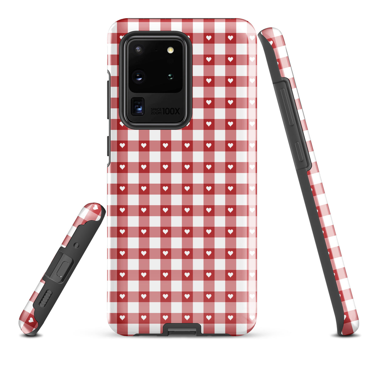 Phone Case for Samsung Galaxy with red and white gingham pattern and white hearts, offering style and protection.
