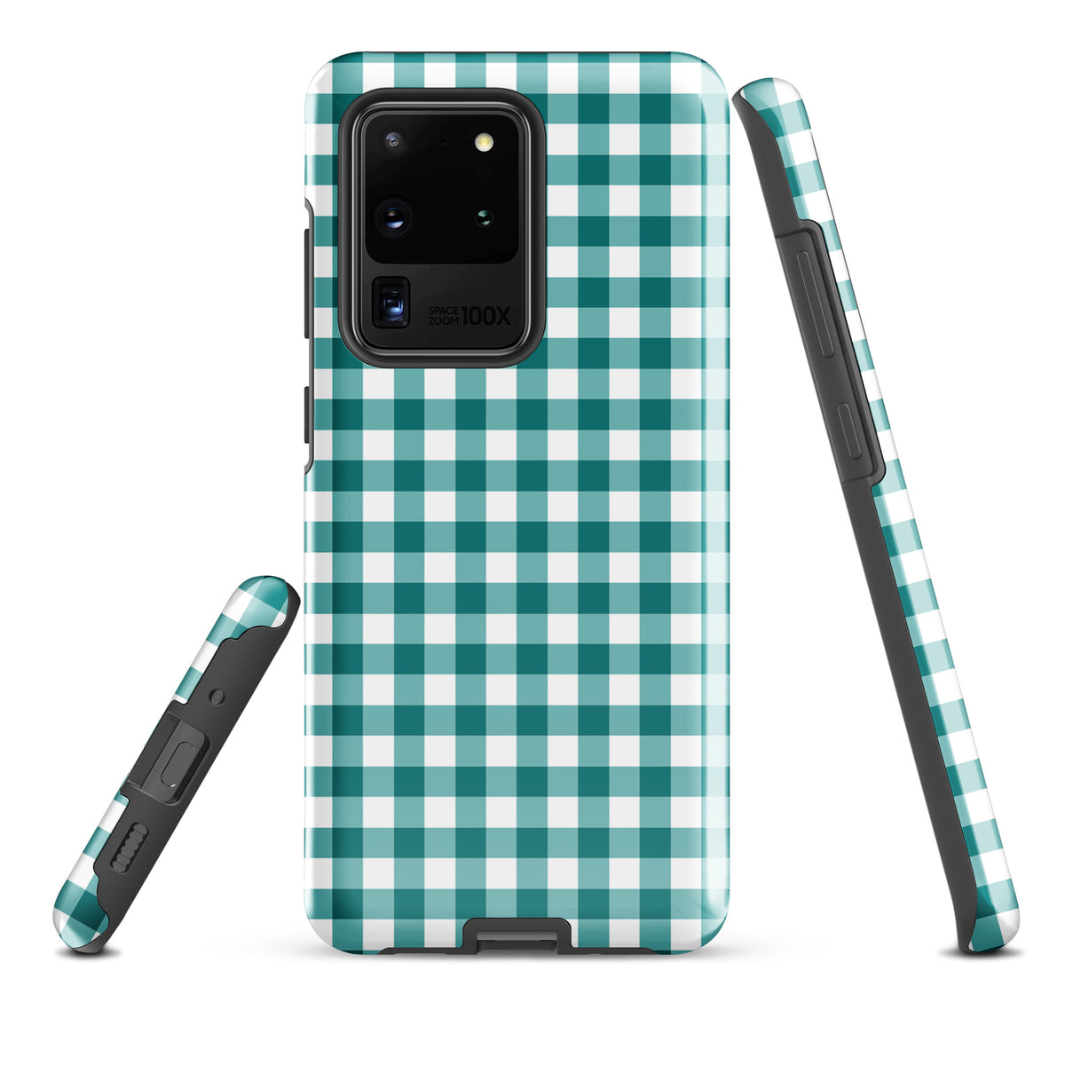 Phone Case for Samsung Galaxy in teal and white gingham pattern, stylish design with durable protection