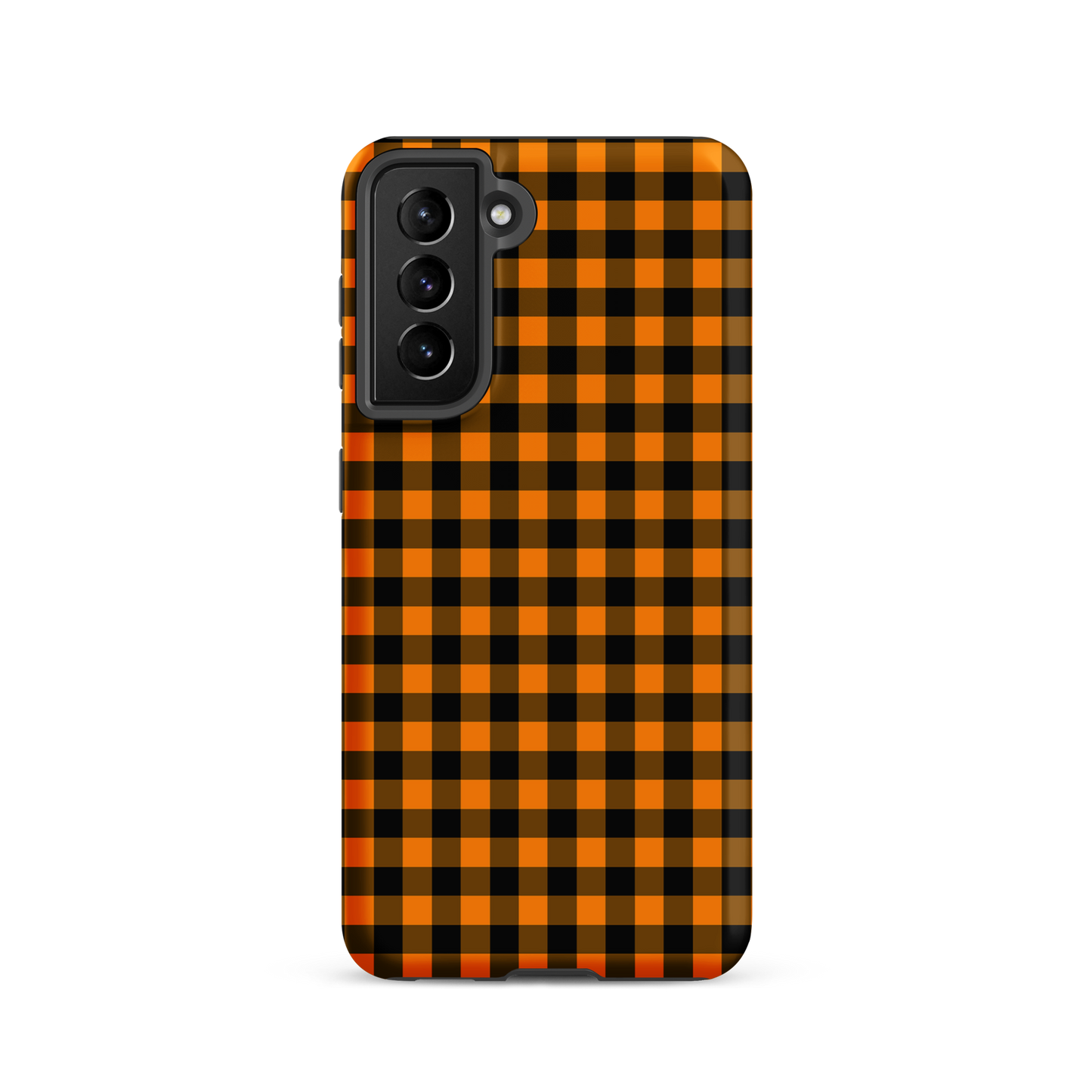 Phone case for Samsung Galaxy with black-and-orange gingham autumn theme, combining style and durability for a chic accessory.