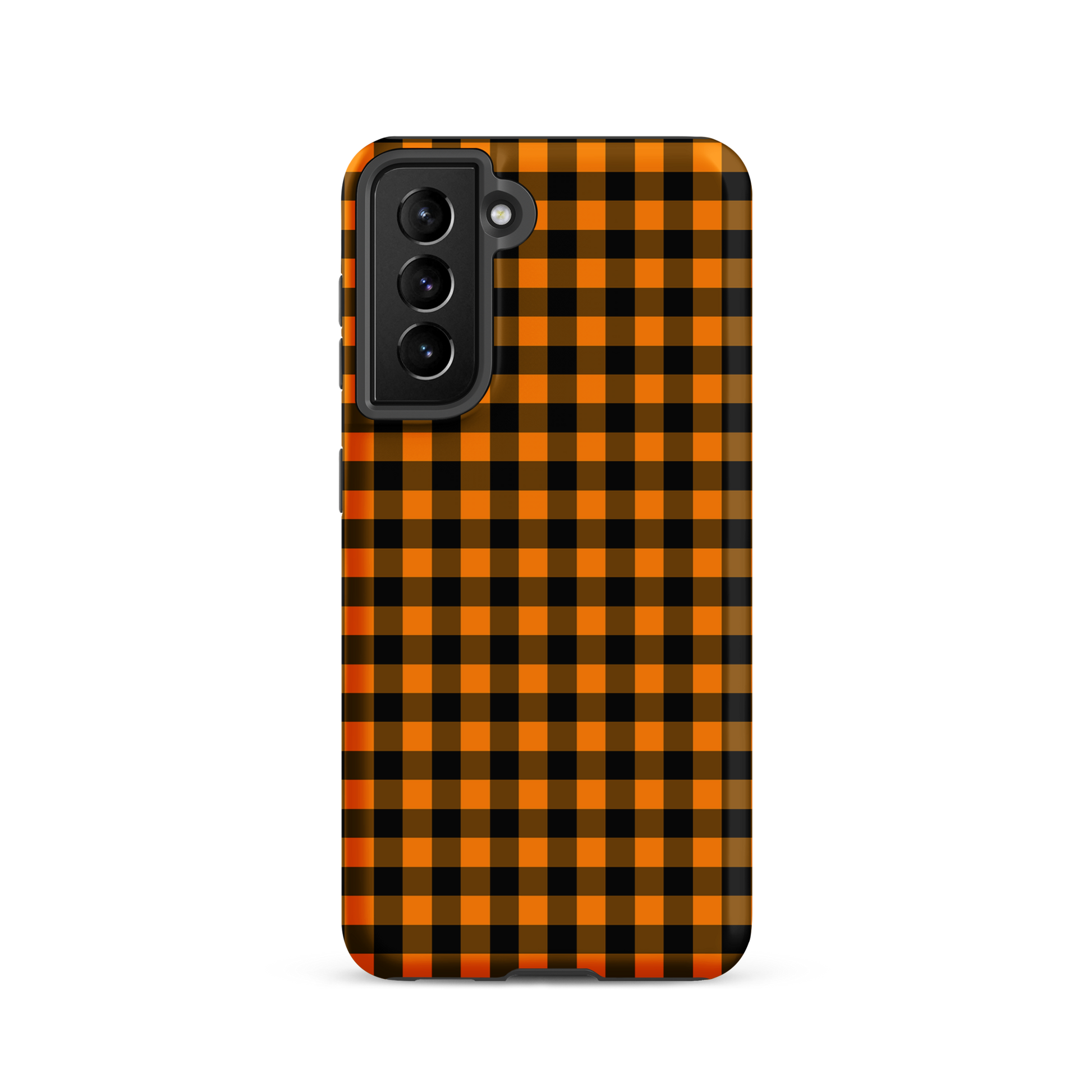 Phone case for Samsung Galaxy with black-and-orange gingham autumn theme, combining style and durability for a chic accessory.