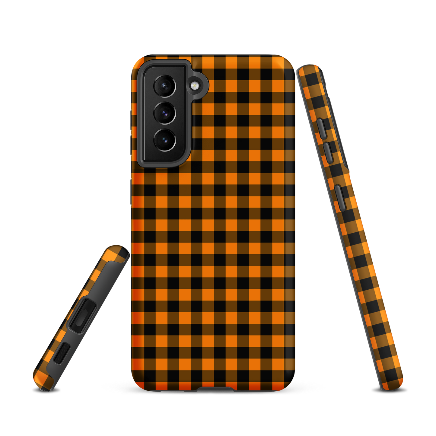 Black-and-orange gingham phone case for Samsung Galaxy with autumn theme, offering stylish design and durable protection.