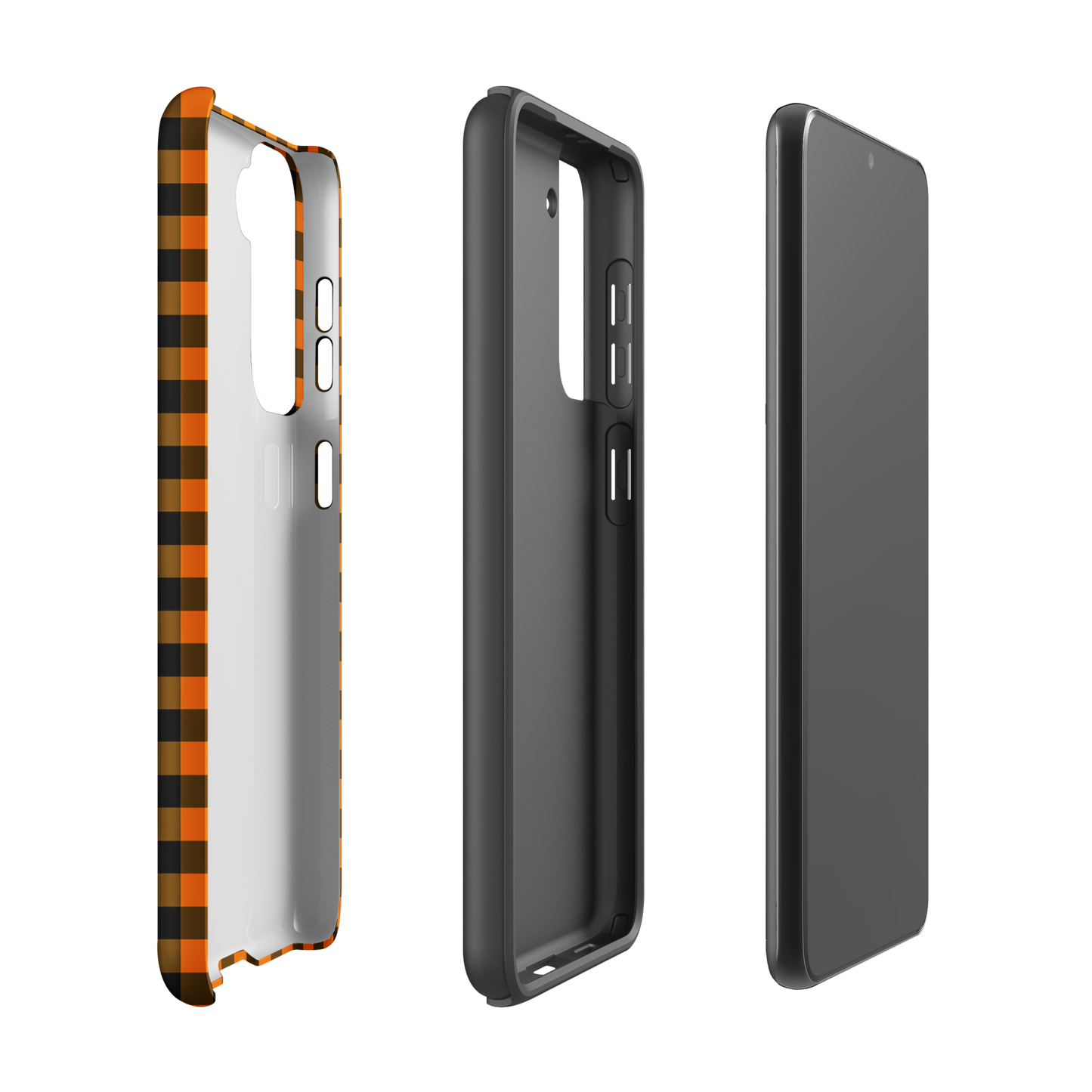 Black-and-orange gingham phone case for Samsung Galaxy, stylish autumn theme, showcasing design and durability.