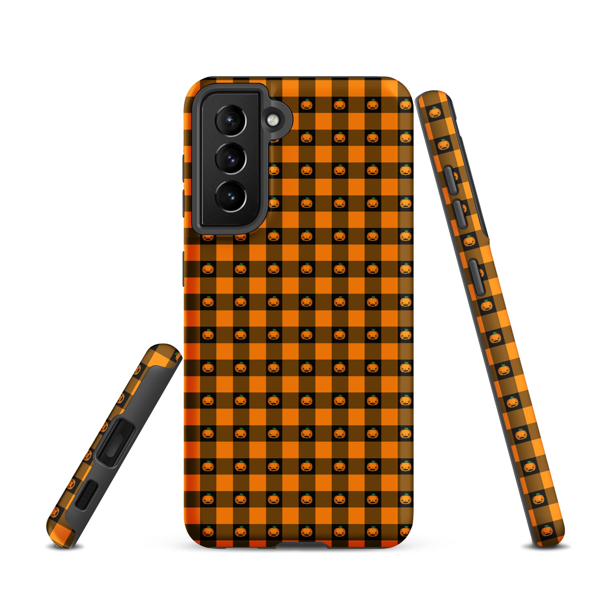 Phone Case for Samsung Galaxy with playful pumpkin gingham design, perfect Halloween accessory. Bold gingham layout with jack-o'-lantern faces.