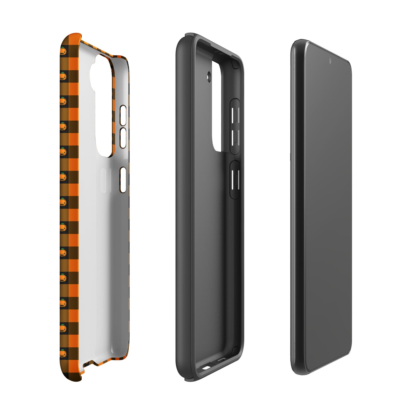 Phone Case for Samsung Galaxy with playful pumpkin gingham Halloween design, featuring orange and black checks and jack-o’-lantern faces.