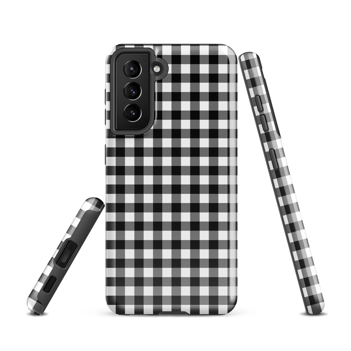 Phone Case for Samsung Galaxy with black and white gingham pattern offering chic style and protection.