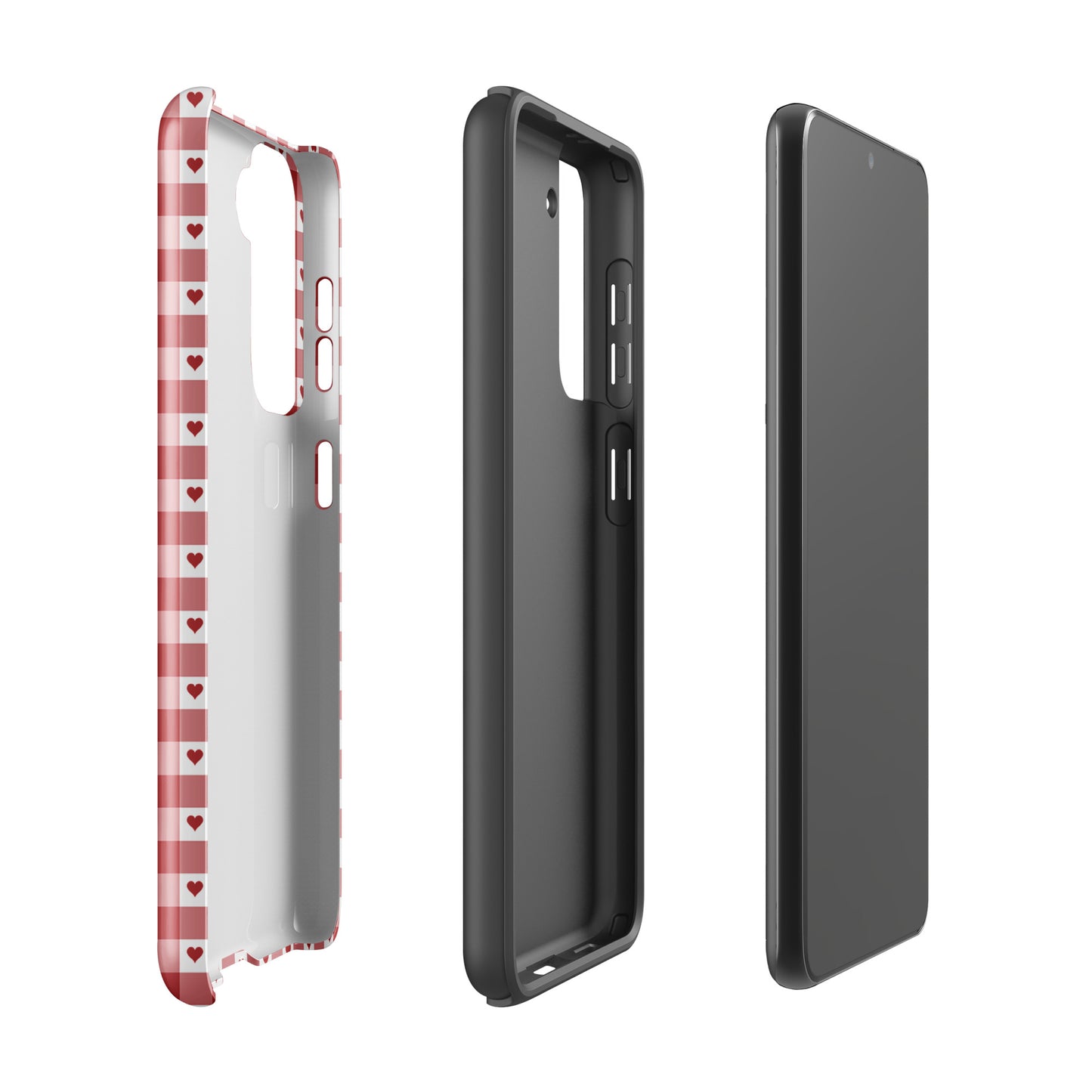 Phone Case for Samsung Galaxy with red gingham heart pattern, showcasing stylish, durable design, and ultimate protection.