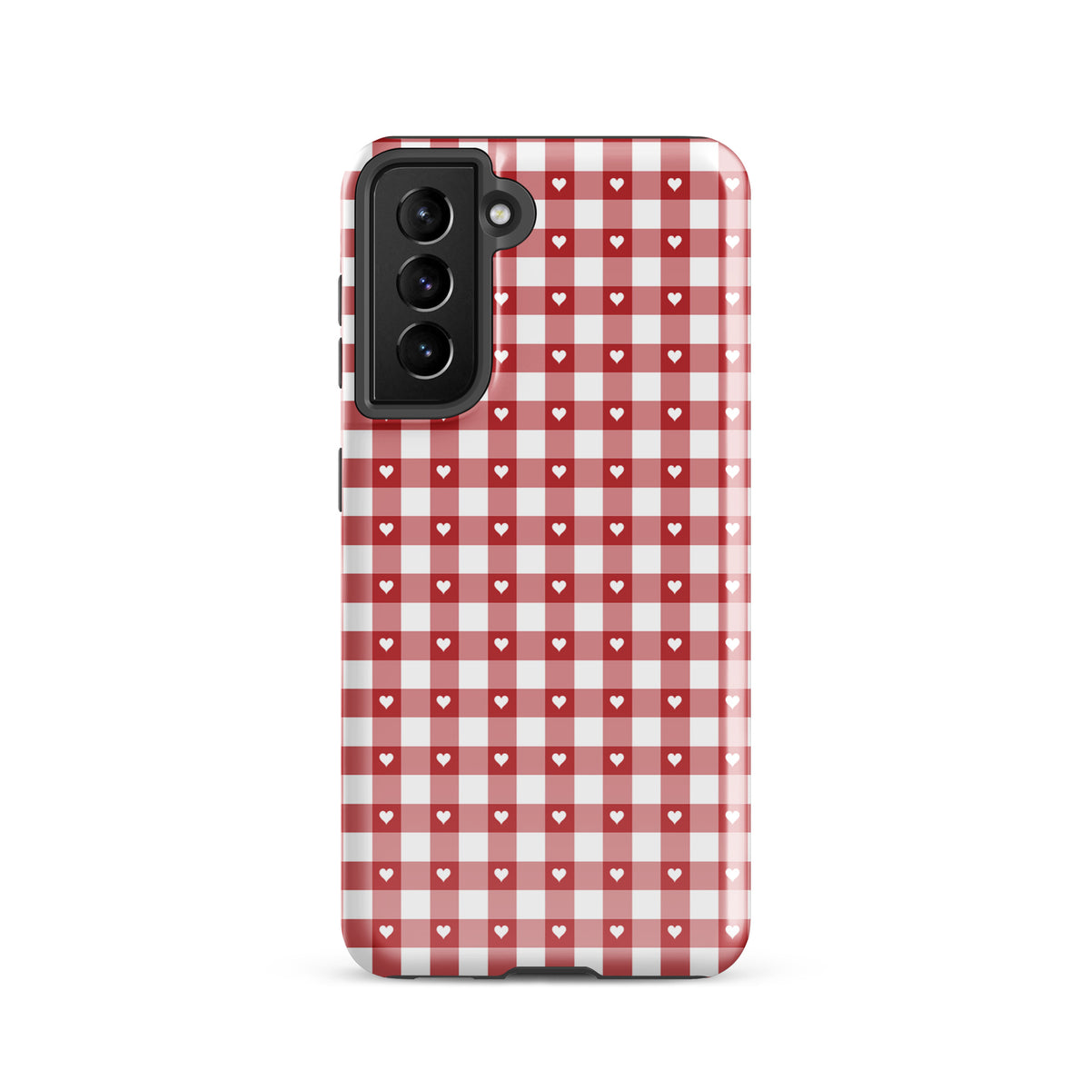 Phone Case with red/white gingham pattern and hearts for Samsung Galaxy, combining style and protection in an elegant design.