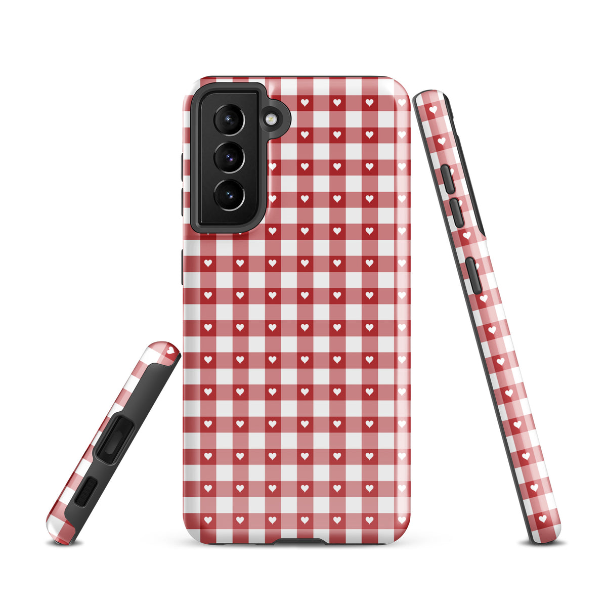Phone Case for Samsung Galaxy with red and white gingham pattern featuring white hearts, providing stylish protection and luxury.