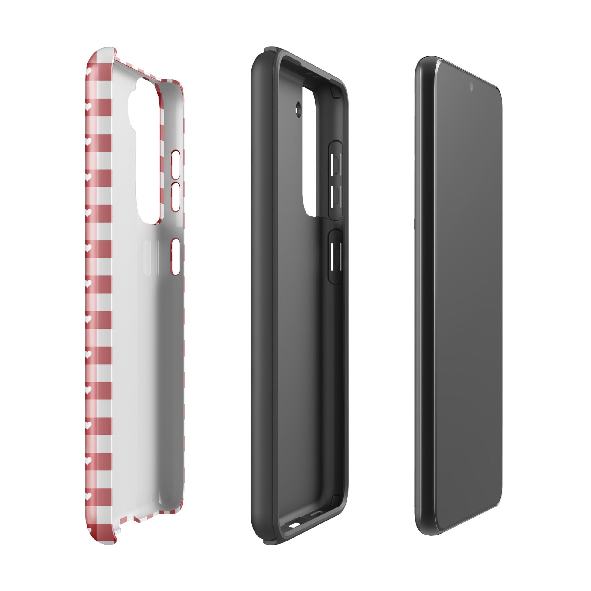Red and white gingham pattern phone case for Samsung Galaxy with hearts, showing stylish design and protection features.