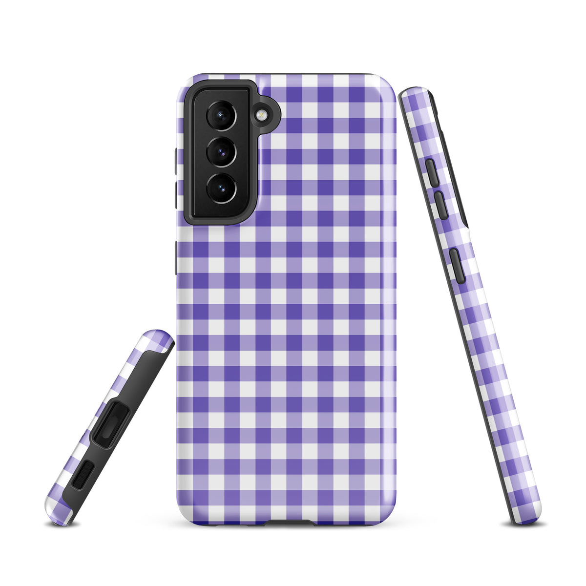 Phone case for Samsung Galaxy with purple and white gingham pattern for style and protection.